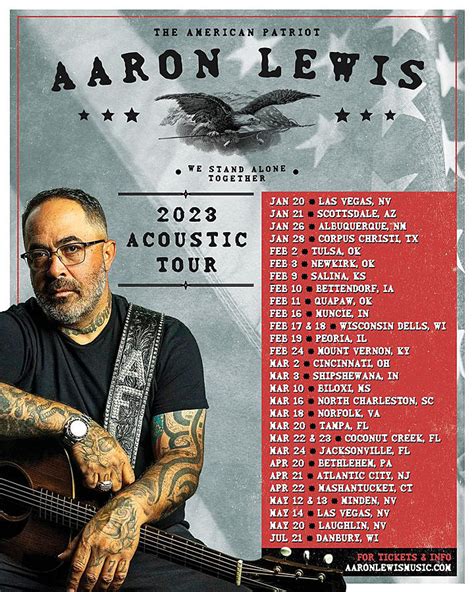 Aaron lewis tour - Aaron Lewis is currently touring across 1 country and has 40 upcoming concerts. Their next tour date is at Kovalchick Convention & Athletic Complex in Indiana, after that they'll be at Bergen Performing …